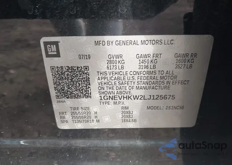 2020 Chevrolet Traverse Awd Lt Leather from USA, damaged, VIN 1GNEVHKW2LJ125675